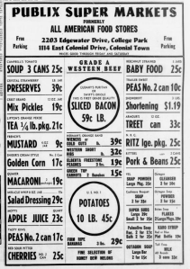 An Orlando Publix ad from the 1947 Morning Sentinel Bacon at 56 cents a pound!